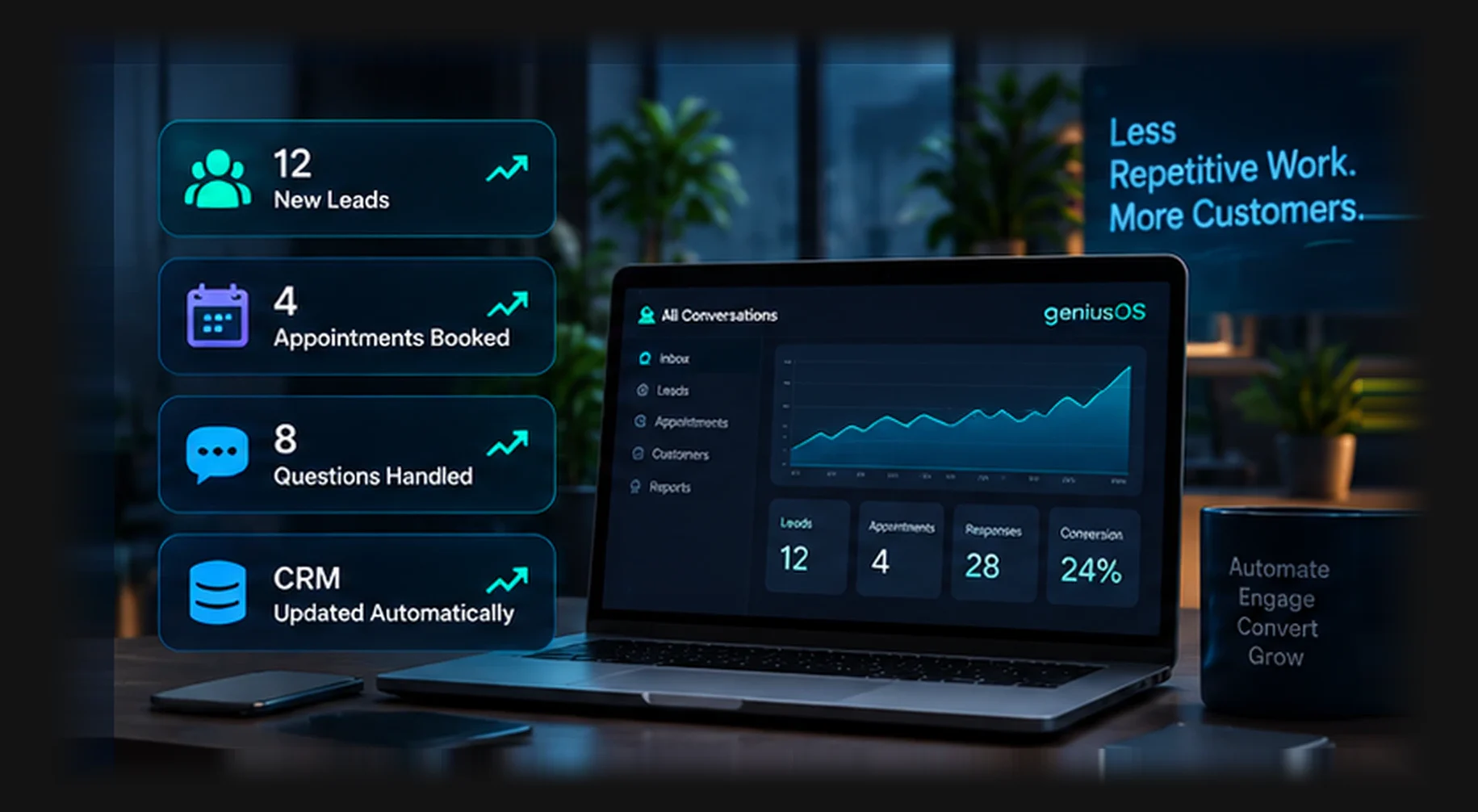 AI chatbot automation producing business results including new leads, booked appointments, answered customer questions and CRM updates