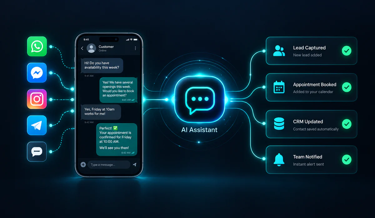 Customer conversations flowing through an AI assistant into leads, appointments and customers