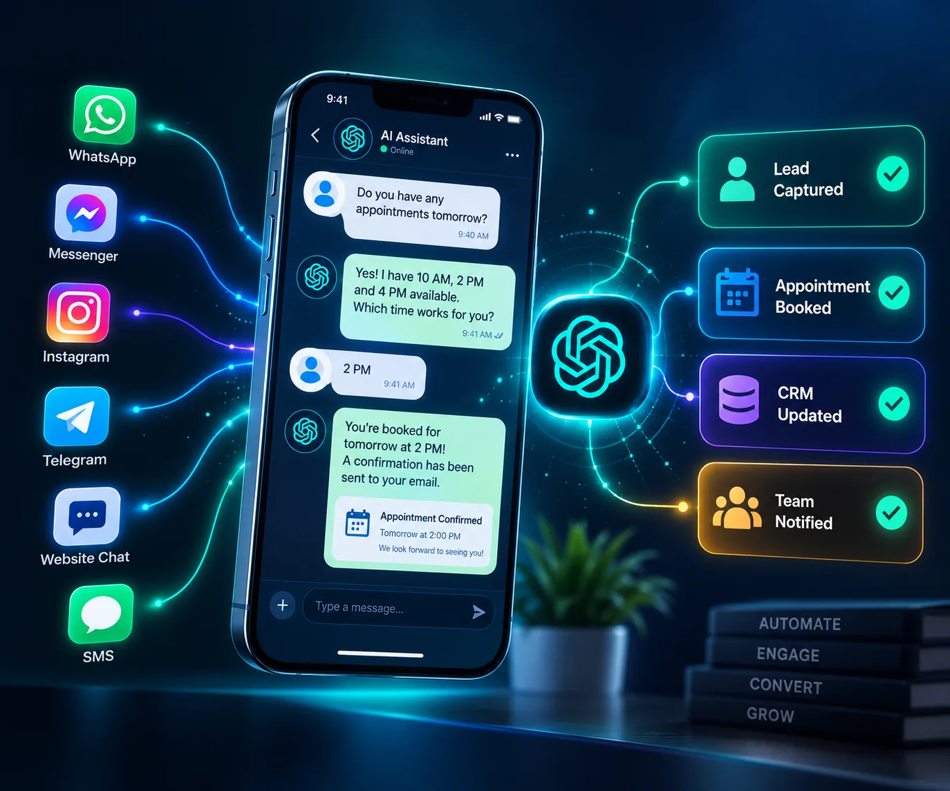 AI chatbot connecting customer conversations to lead capture, appointment booking, CRM updates and team notifications