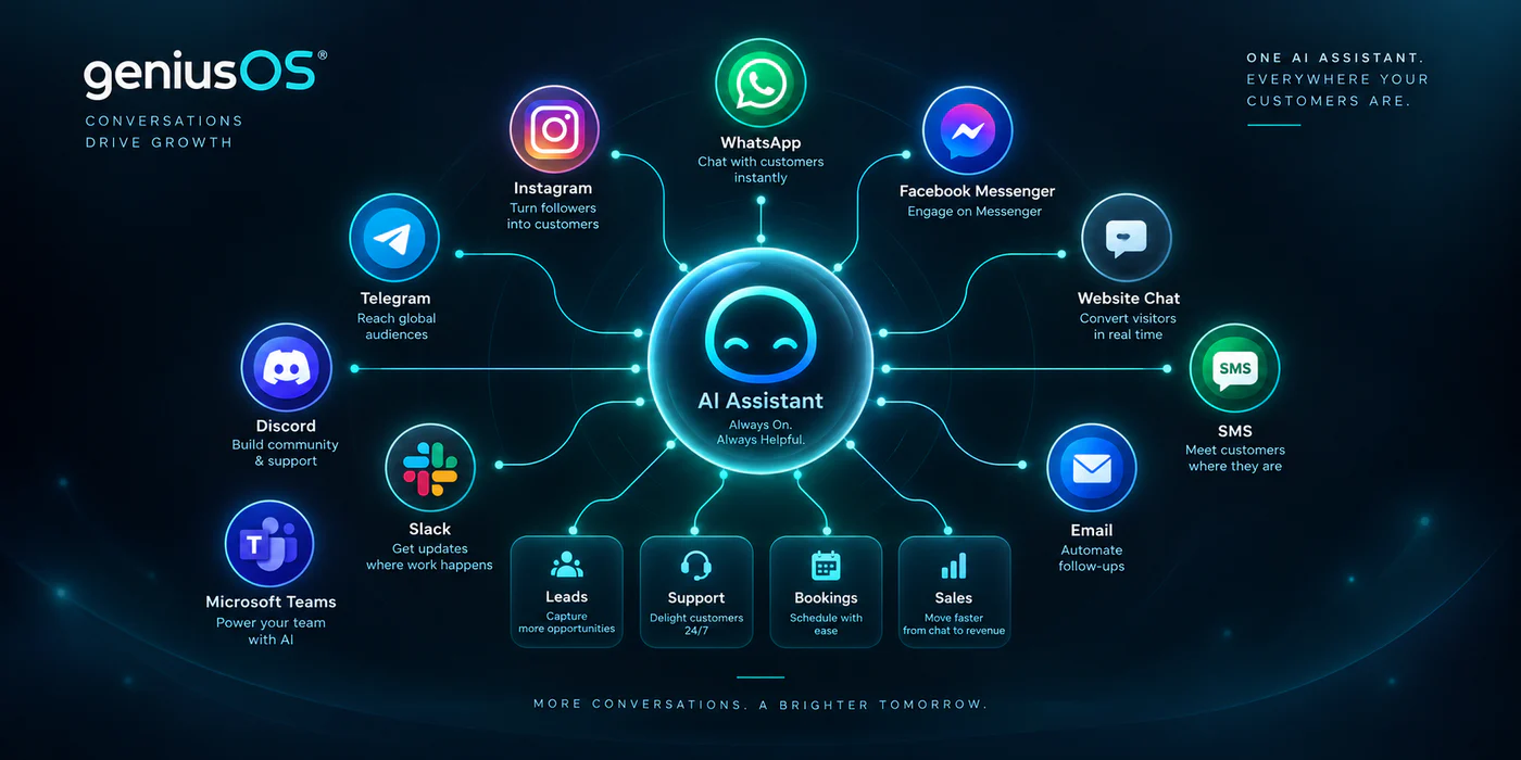 AI assistant connected to customer messaging platforms including WhatsApp, Messenger, Instagram, Telegram, website chat and business communication tools